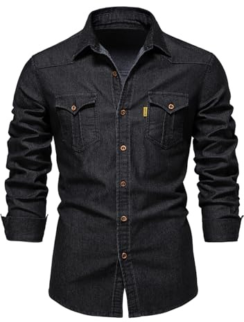 Morbuy Denim Shirts for Men Regular Fit Long Sleeve Casual Mens Cotton Collared Button Down Black Denim Jacket Shirts Top Autumn Winter Coats with Pocket