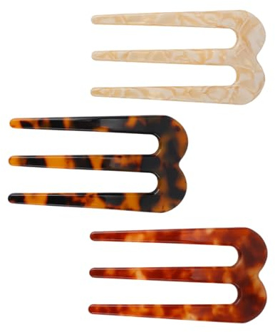 3pcs French Hair Forks for Women, 3-Prong U-Shape Hair Pins Sticks Updo Chignon Bobby Clips Vintage Hairstyle Accessories for Party & Daily Wear (Tortoiseshell, Brown, Beige White)
