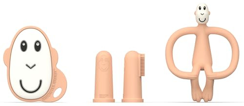 Matchstick Monkey Zahnungs Starter-Set – Flacher Beißring, Tier-Beißring & 2 Silikon-Fingerzahnbürsten, BPA-frei, Förderung der Feinmotorik, ab 3 Monaten, Geschenkset, Pfirsich
