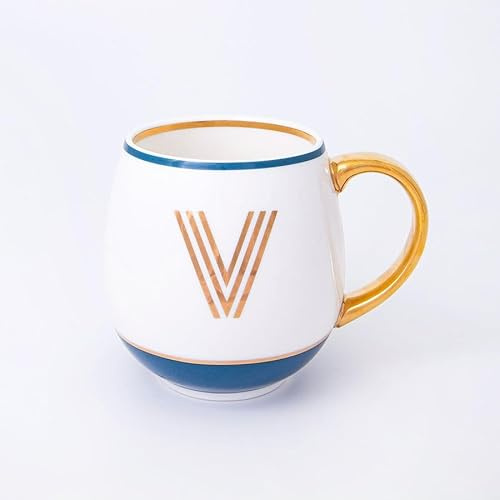 Bombay Duck Library Monogram Fine Bone China Mug, White & Blue with Pink & Gold Details, 450ml, Striped Gift Box, Hand Wash Only, Letter V