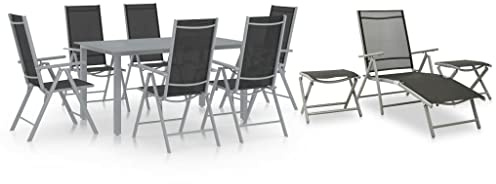Ziaphsol 10-TLG. Garten-Essgruppe Schwarz Silbern, Aluminium Textilene, 7-Fach verstellbare Stühle, Glastisch, Fußhocker, für Terrasse Balkon, langlebiges Outdoor-Möbelset