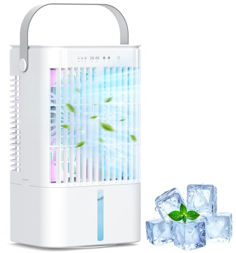 Mowend Mini-Kühlerventilator, 3-in-1 Tragbarer Kleine Kühlerventilator | mit 1200ml Wassertank, 3 Geschwindigkeitsstufen, 2 Kaltnebelmodus, 7-Farben mit 2/4H Timer, ideal für Zuhause und Büro