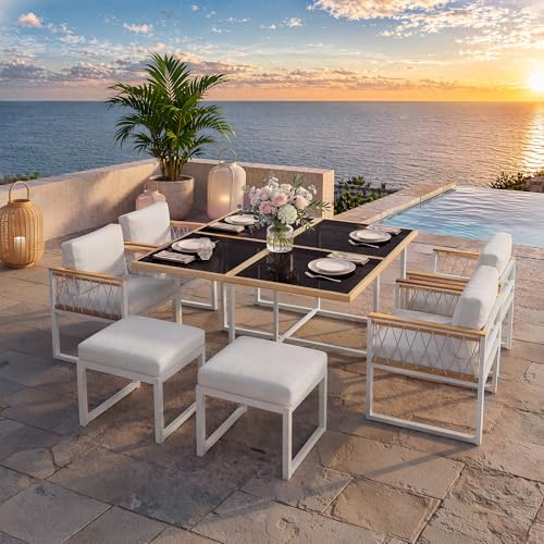 Merax 7-teiliges Gartenmöbel Set 6 Personen, Outdoor Essgruppe mit 117x117 cm Tisch aus gehärtetem Glas, 4 Sessel & 2 Hocker, Holzoptik Armlehnen, wetterfest für Terrasse & Garten, Weiß