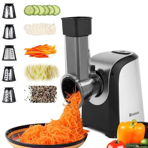 Electric Cheese Grater, Professional Electric Slicer Shredder, 150W Cheese Grater/Chopper Salad Maker, Shredder for Home Kitchen Use with One-Touch Control | 5 Free Attachments