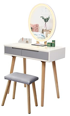 ARTETHYS Dressing Table, Vanity Makeup Table Set with Adjustable Brightness Mirror & Cushioned Stool, 2 Drawers and Makeup Organizer, Oval(White & Grey)