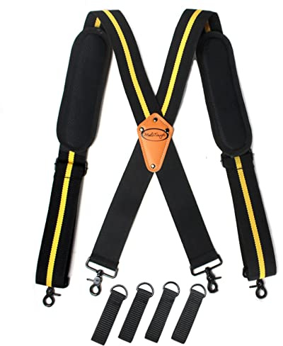 MELOTOUGH Tool Belt Suspenders for Men Work Belt Suspenders Flexible Adjustable Straps with Moveable Padded Shoulders with 4 Loop Attachments (Yellow Strip)