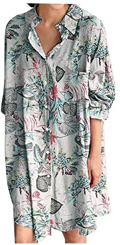 Ni_ka Robe Chemise Femme Grande Taille Robes Courte Ample à Manches Longues Women Dress Boutonnee Carreaux Imprime Dresses Chic Et Glamour Bleu Kaki Violet XL