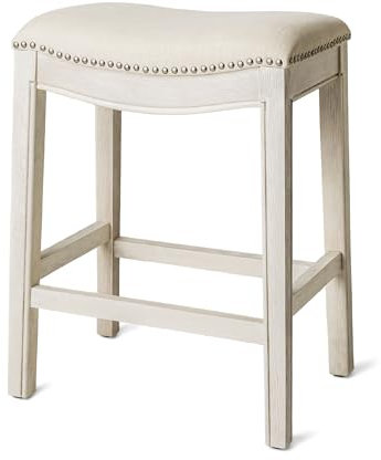 Maven Lane Adrien 66 cm Counter Height Upholstered Backless Saddle Barstool in White Oak Finish with Natural Color Fabric Cushion Seat