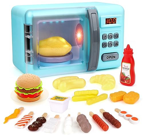 deAO Micro-Ondes Four Toy Cooking Play Kit avec Lumière Réaliste, Sound & Play Fake Foods, Kids Cooking Set, Four De Jeu De Rôle avec Poulet Rôti