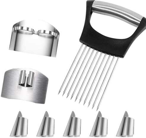 MKKMYII 8PCS Onion Slicer Holder -Finger Protectors for Cutting Holder Slicer Stainless Steel Adjustable Finger Nail Protector Safe Knife Cutting Shield Kitchen to Fruit Meat Vegetables