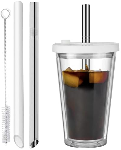 ALINK 16 Oz Iced Coffee Tumbler,Reusable Cup Leak Proof and Double Wall Insulated Bubble Tea Cups with Reusable Plastic and Metal Straws(White)