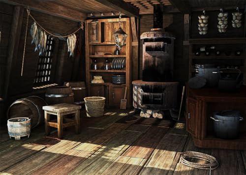 CORFOTO 1.8x1.2m Vieille Cuisine Toile de Fond Rustique en Bois Bateau Cuisine Photographie Fond Cuisine médiévale Photo Fond Ferme Rurale ustensiles de Cuisine Toile de Fond décor d'halloween