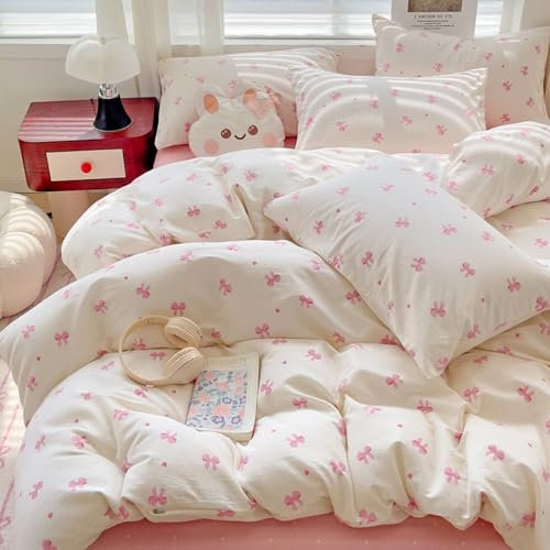 AShanlan Bettwäsche 135x200 Weiß mit Rosa Herzen Schleifen Bettbezug Set 2teilig Kawaii Style Aesthetic Mädchen Renforce Mikrofaser Wende Bettwäsche-Sets und Kissenbezug 80x80 Reißverschluss