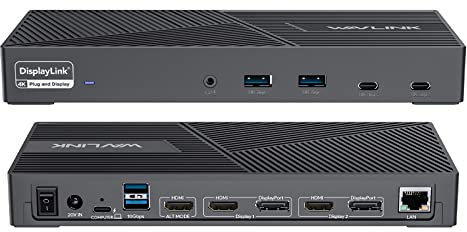 WAVLINK Displaylink Docking Station, USB C Universal Docking Station with 3 × HDMI, 2x DP, 100W PD, Gigabit Ethernet, 6 × 10Gbps USB-A&C, Audio, Mic, compatible with Mac OS and Windows