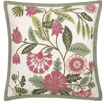 Appletree Heritage Filled Cushion, Floral Embroidered, Decorative Throw Pillow, 1 Piece, 43 x 43 cm, Green, 100% Cotton, Square Shape
