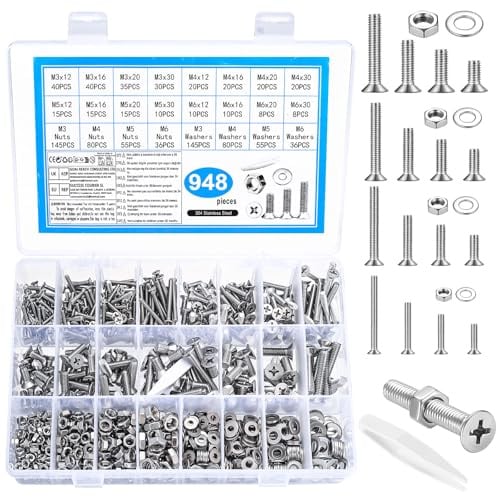 948 Pz Set di Vis M3 M4 M5 M6, Viti Bulloni e Dadi Set, Viti a Testa Svasata e Dadi e Rondelle Kit, Viti a Testa Piatta a Croce con Dadi, Bulloni a Testa Svasata a Croce in Acciaio Inox