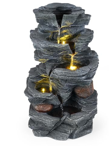 COSTWAY 5-Tier Outdoor Water Fountain, Tabletop Cascading Waterfall Fountain with 3 LED Lights, Pump & Adjustable Flow, Freestanding Garden Water Feature for Patio Yard Home Decor (45.5cm, Rock Style)
