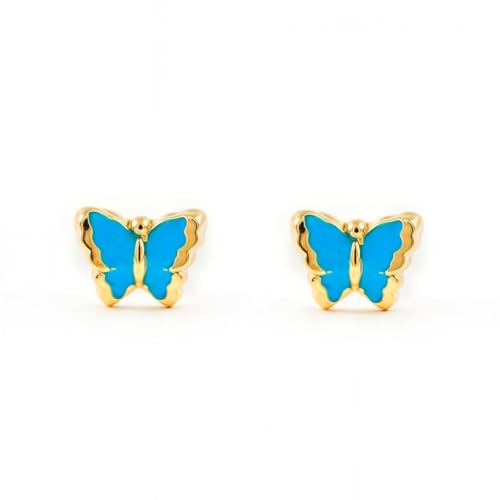 Damen & Kinder blauer Schmetterling Ohrstecker - Gelbgold 18 Karat (750) - Geschenkbox - Garantiezertifikat