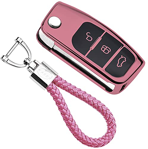 KASER Autoschlüssel Hülle kompatibel für Ford Cover TPU Silikon Hochglanz Schutzhülle Schlüsselhülle Fernbedienung Fiesta Focus Fusion Mondeo C-Max Kuga Ecosport Schlüsselbund (Pink)