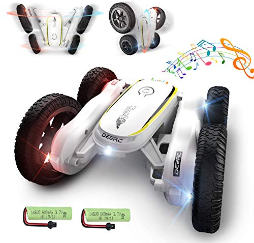 DEERC DE38 Remote Control car, 360° Double Sided Age 2+, Flipping RC Stunt Car, LED Headlights, 4WD High-Speed Off-Road Toy, Great Gift for Boys and Girls, with 2 Rechargeable Batteries