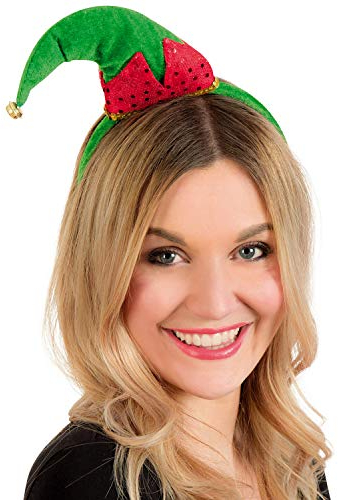 NET TOYS Hübscher Wichtel-Haarreif für Erwachsene - Grün-Rot - Hübscher Damen-Haarschmuck zum Kobold-Kostüm - Ideal für Karneval & Weihnachtsfeier