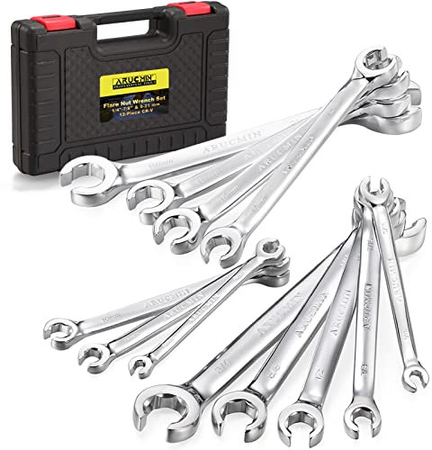 ARUCMIN Flare Nut Wrench Set,12-Piece Chrome Vanadium Steel Wrench Set SAE & Metric 1/4-7/8 and 6-21mm with Organizer Box