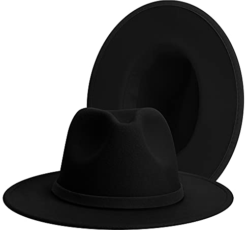 Fedora-Hüte mit breiter Krempe für Damen und Herren, klassisches Kleid, Panamahut, verstellbarer Filzhut mit Band, All-Black, Medium