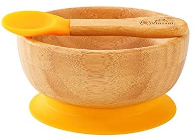 Vinsani Bamboo Bowl and Spoon Set for Baby/Toddler, Suction Plate, Stay-Put Design, Hypoallergenic and BPA-Free (Yellow)