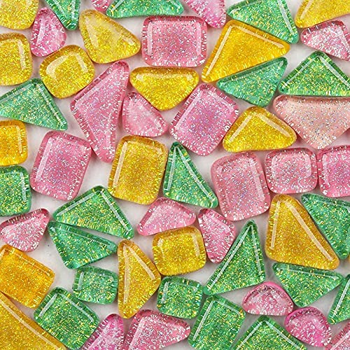 Bunte Glasmosaikfliesen 200g, Irregulär Glitzerkristall Mosaiksteine Glasstücke, Glasfliesen Glassteine für Basteln, Haus Deko(Süßigkeiten)