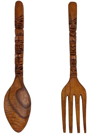 Tiki-Design Löffel und Gabel aus geschnitztem Holz, Wanddekoration, Holzutensilien-Dekorationsset, 40,6 cm hoch, perfekt für Küchen oder Esszimmer, tropischer Insel-Anhänger