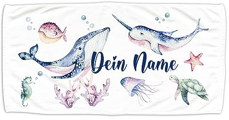 GRAZDesign Kinder Handtuch mit Namen Badetuch für Jungen und Mädchen von 2-10 Jahren Strand 140x70cm Wale mit Unterwasserwelt