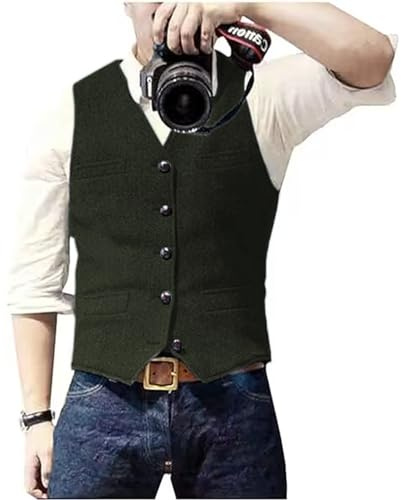 Solovedress Mens Vintage Waistcoat Tweed Wool Regular Fit Suit Vest for Wedding Groomsmen(Army Green,XXL)