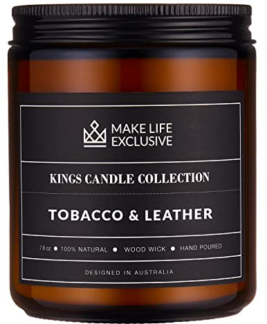 Scented Candles for Men | Tobacco & Leather Scented | Wooden Wick, Long Lasting, Masculine Scents | Natural Soy Jar Candle for Home, Bacehlor Pad Decor | The Perfect Mens Gift