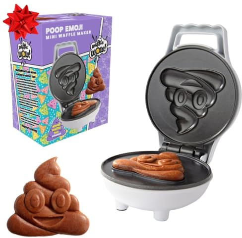 Poop Emoji Mini Waffle Maker- Fathers Day Morning Brunch Fun, Silly Treat Smiley Face Design, 4 Waffler Iron Makes Pan Cake or Waffle w Recipe Guide, Funny Novelty Gag Gift for Him- Licensed by Emoji
