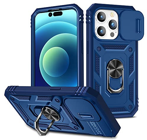 Cover Compatibile con iPhone 14 Pro Max,Protezione Fotocamera Slidable Custodia Antiurto Grado 360° Anello Supporto Silicone Custodie,Blu