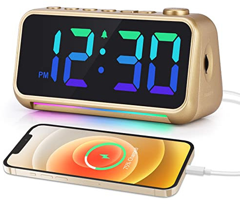 Wecker Kinder Jungen Mädchen, Wecker Digital mit 7 Farben Nachtlicht, 6 Dynamische RGB Digitaler Wecker mit Licht/LED-Display mit Mehreren Schriftarten/dimmbar/5 Lautstärken/USB-Ladeanschlüsse-Gold