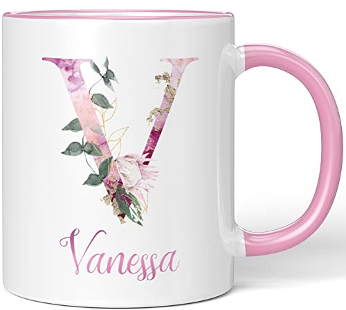 JUNIWORDS Tasse, Vanessa, Name Anfangsbuchstabe Initial Alphabet Floral Buchstabe V Monogramm Motiv, Rosa (5547389)