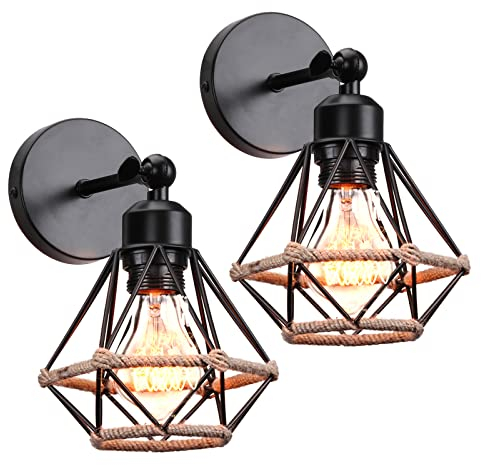 PETITES ECREVISSES 2 Packs Appliques Murales Industrielles Vintages Plafonniers Luminaires Interieur en Métal et Chanvre Corde Lampe Murale Rétro Réglable Design pour Cuisine Salon Chambre