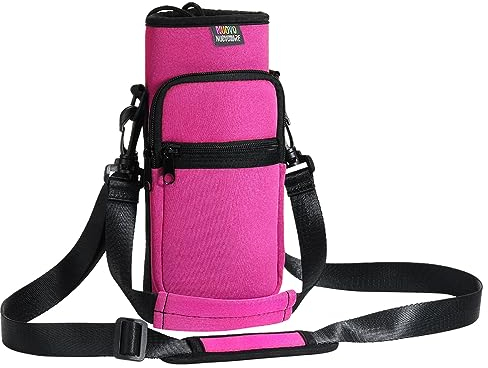 Nuovoware Sac à Bouteille en Néoprène, 750ml Porte-Bouteille avec Bandoulière Dragonne Ajustable, Sac Fourre-Tout avec 2 Poche, Accessoire Parfait pour Voyage Randonnée Camping - Rouge Prune