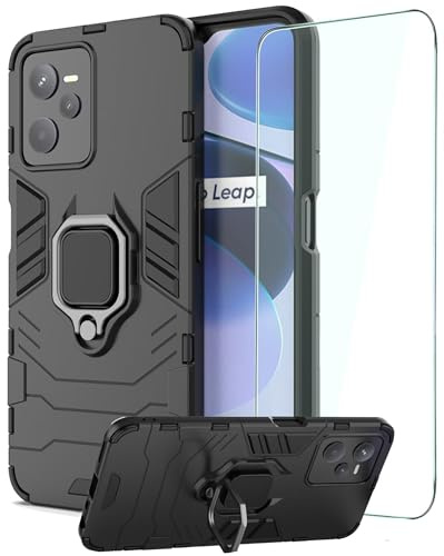 DERHAN Hülle für Realme Narzo 50A Prime/Realme C35 mit Ring Halter, Handyhülle mit Ständer + Schutzfilm, Panzerhülle Handy Hüllen Handytasche Staubschutzhülle Stoßfest Schutzhülle - Schwarz