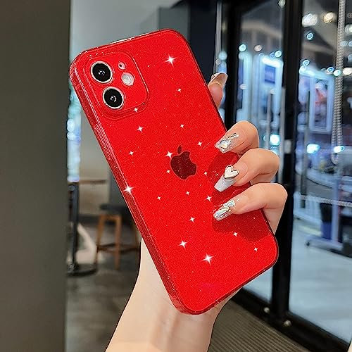 ZTOFERA Glitter Clear Case Compatible with iPhone 12 Phone Case, Bling Sparkle Transparent Soft Flexible TPU Protective Shockproof Phone Cover Slim Case for iPhone 12 - Red