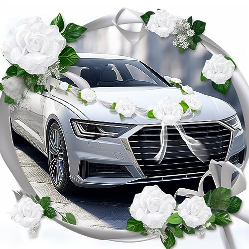 Allony Autoschmuck Hochzeit, Auto Deko Hochzeit, Traumhafter Hochzeit Autoschmuck, Autoschmuck Hochzeit Motorhaube, Kommt mit 9 extra Starken Saugnäpfen, Hochzeits Weiß Gaze Rosendekoration Set