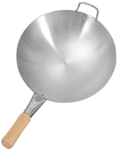 Stainless Steel Wok Chinese pan Wok pan with Wooden Handle Frying pan Saucepan All-Purpose pan Home Restaurant Tool for All Types of stoves Kitchen aid 49 x 30 cm