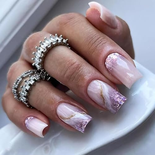 24pcs Short Square False Nails - Purple Glitter Sequins Gold Swirl Press-on Nails Purple Ombre - Removable Glue-on Full Cover Fake Nails for Women & Brides - Nail Art Accessories