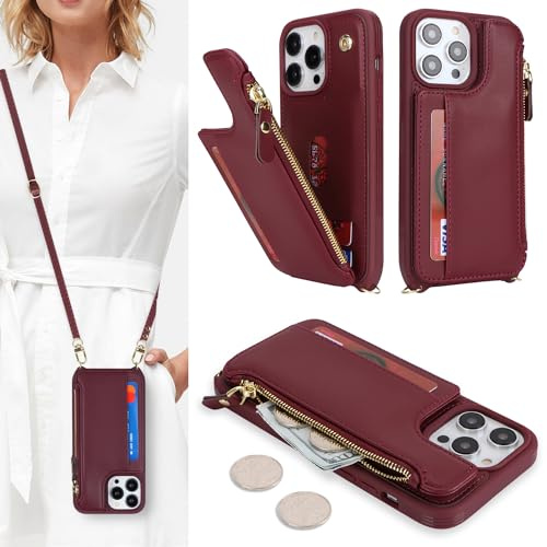 SailorTech for iPhone 13 Pro Phone Case with Credit Card Holder for Women, iPhone 13 Pro Leather Case Wallet Crossbody with Credit Card Slots Zipper Shockproof Case for Men - Burgundy