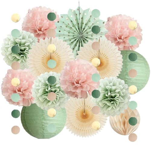 Décorations de fête vert sauge et rose pâle, lanternes en papier de soie vert sauge et rose pâle, éventails en papier de soie rose clair pour anniversaire, fête prénatale, fête prénuptiale, mariage