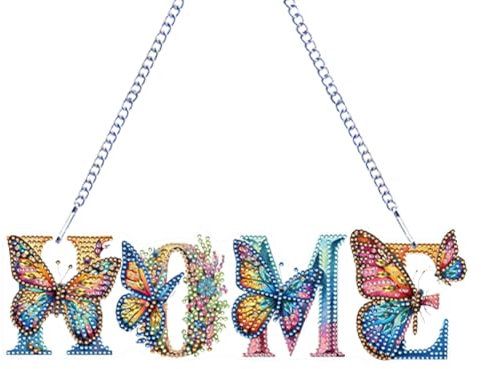 5D DIY Diamond Painting Girlande Kranz Home, Diamant Painting Anhänger Jahreszeiten Kits mit Kette, Diamant Malerei Malen nach Zahlen Worte mit Schmetterling Tür Fenster Deko Geschenke (Home)