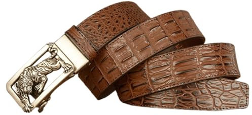 NALANY Brauner Gürtel Mit Krokoprägung Herren & Damen Ratsche Ledergürtel Automatikschließe Geschnitztes Silberne Tierschnalle Für Anzug Business Kleidung(125cm/49, Tiger-A)