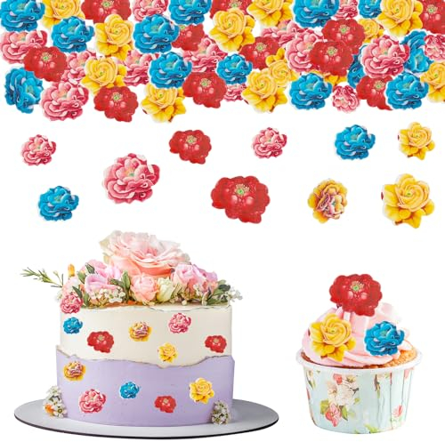 Essbare Tortendeko Blumen, 50 Stk Essbare Blumen für Torte, Blumen für Tortendeko Essbar, Pfingstrose Esspapier Tortendeko Cupcake, Essbare Blüten Kuchen für Hawaii, Hochzeit,Babyparty Geburtstag Deko
