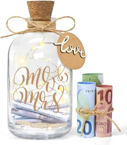Hochzeitsgeschenke Geld Leuchtflasche für Brautpaar und Frisch Verliebte, LED Flaschenlicht Hochzeit Just Married Personalisiert Geldgeschenke Hochzeit Hochzeitskasse Spardose